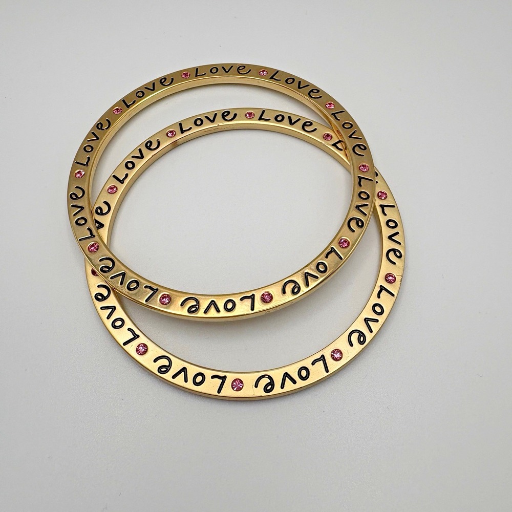 Vintage Bangle Bracelet Set Love Pink Stones Gold Tone Matte and Shiny 8.25"